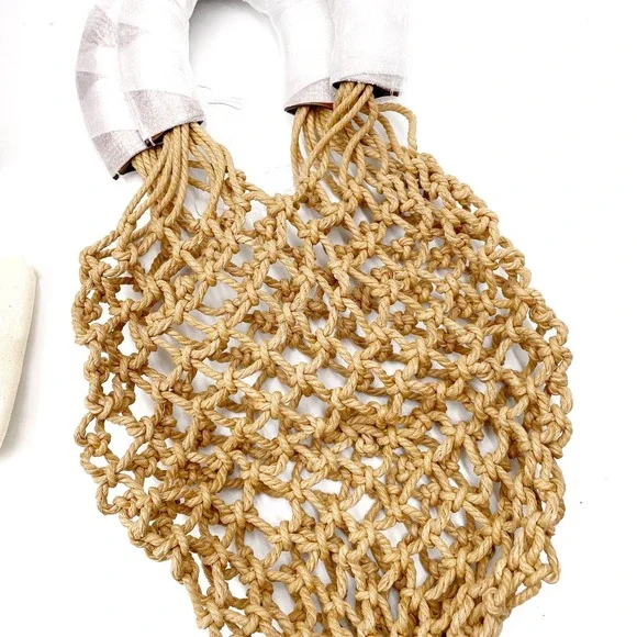 SOLD- Staud Mareau Cage Bucket Bag Brown Leather Tan Rope Net Double Handle - Picture 10 of 12